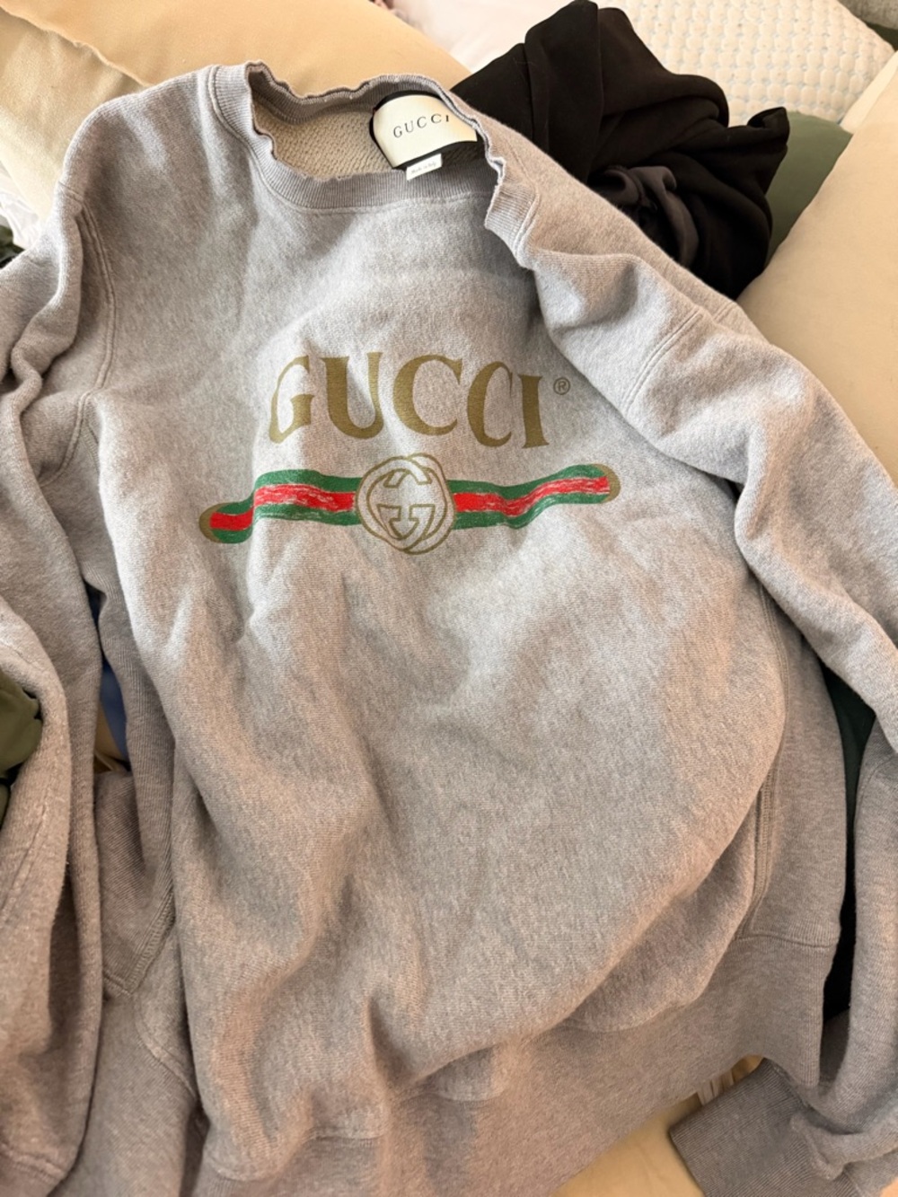 Gucci Gray Sweatshirt with Red & Green Stripe and Gold Logo